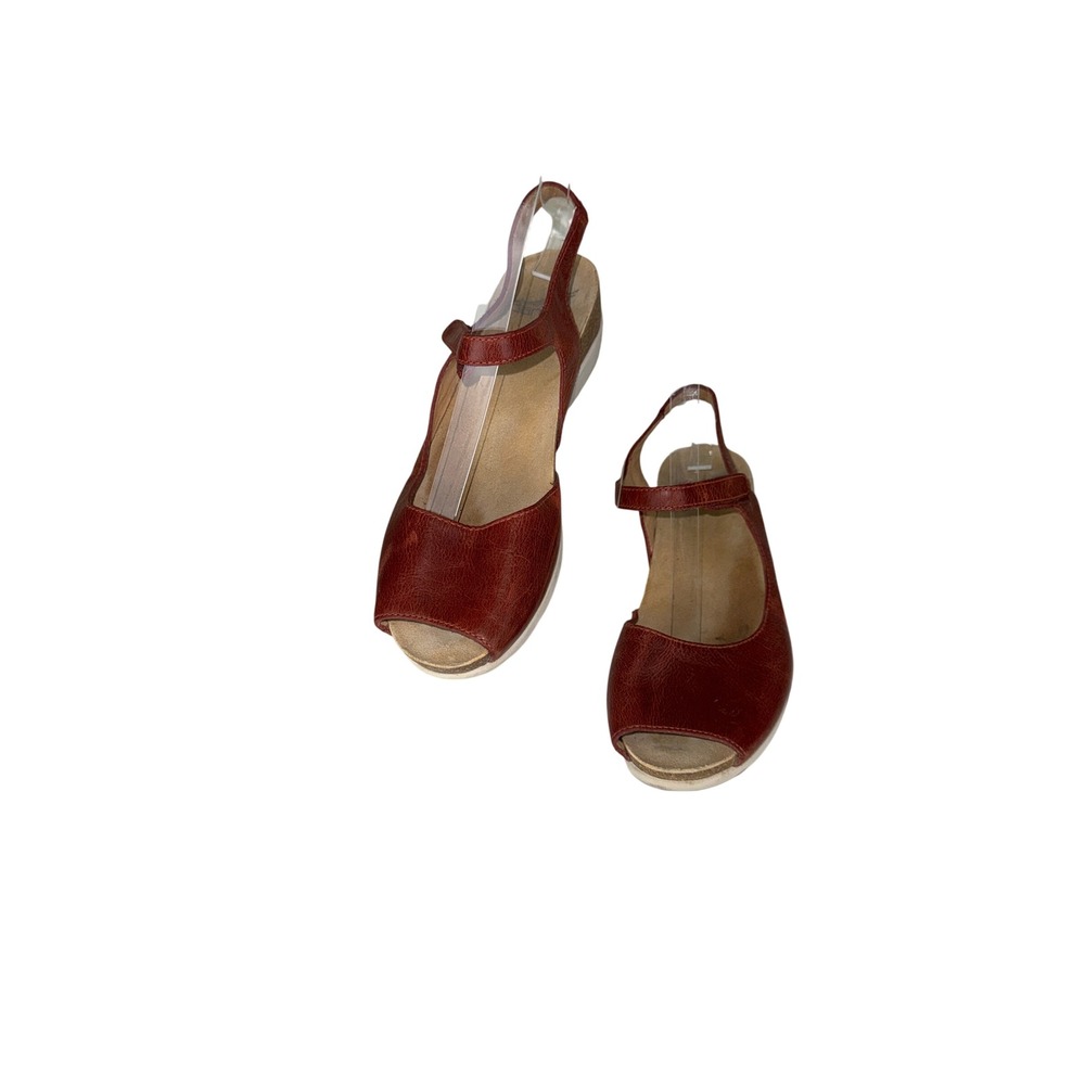 Dansko Women Red Leather Wedge Sandals Peep Toe Ankle Strap Size 38